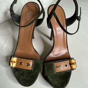 Authentic Gucci Suede Olive platform heels, with bamboo accessory.